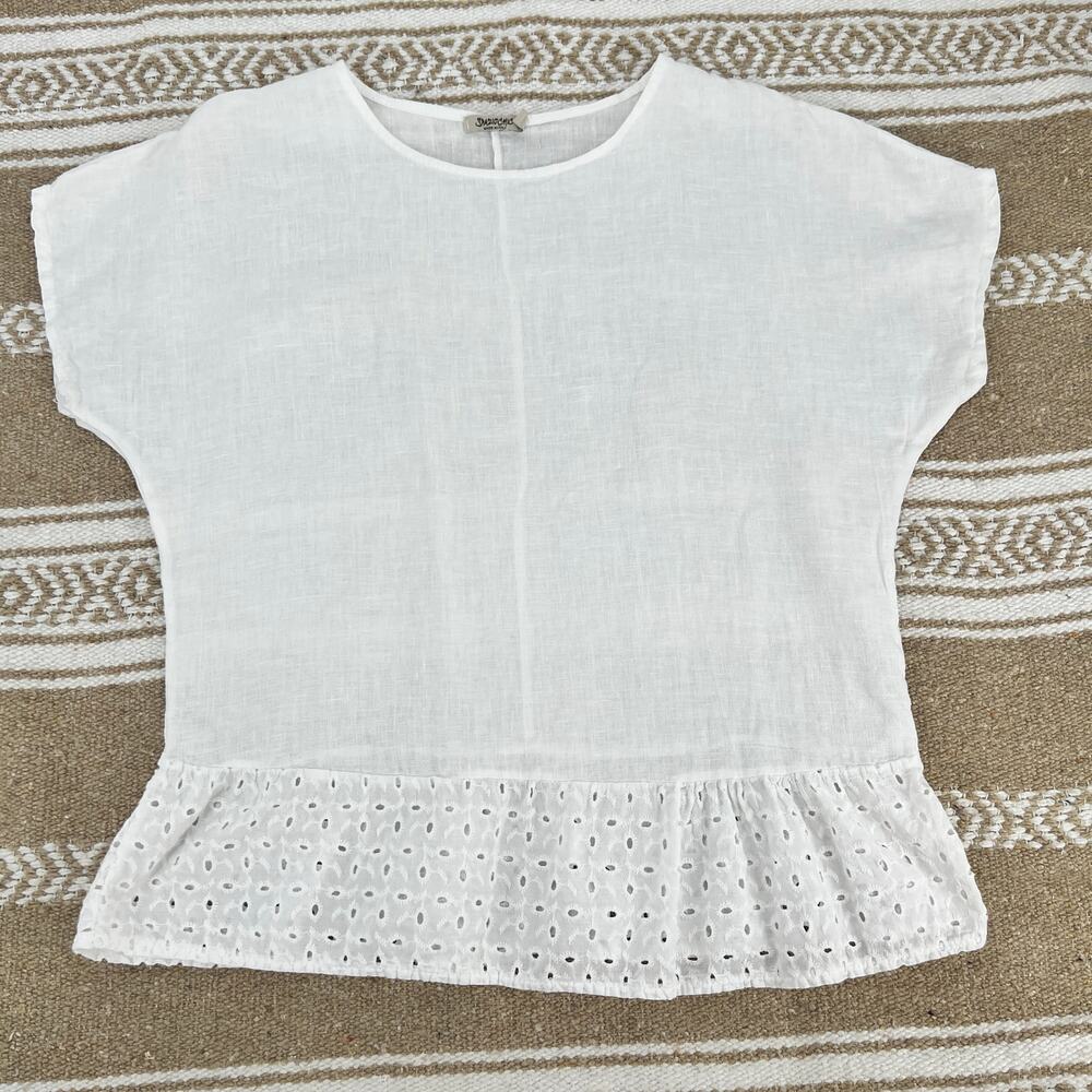 Spazio Chic 100% Linen Top Womens Small White Cotton Eyelet Peplum Blouse Italy